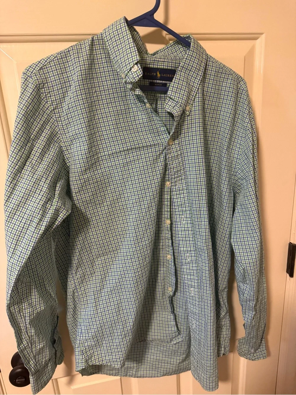 Ralph Lauren Blue and Green Checked Button-Down Polo Shirt - Men's